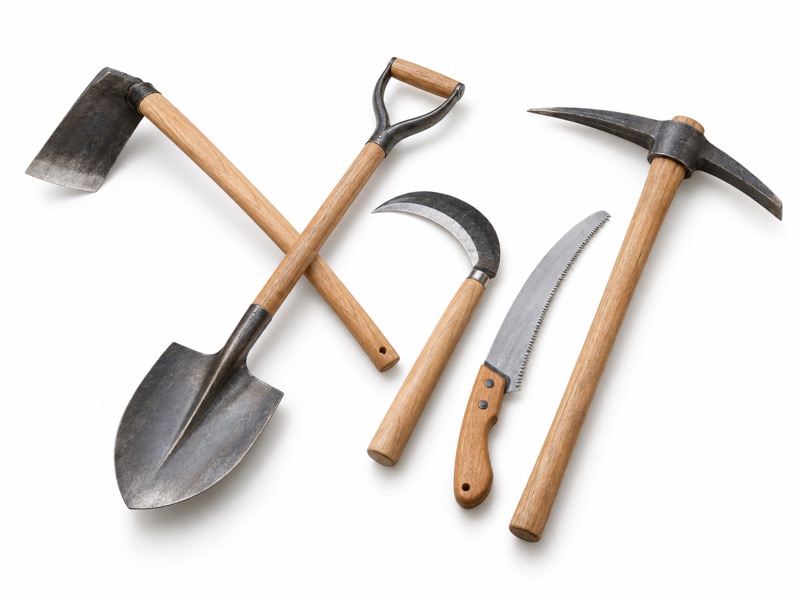 Illustrative equipment image: Set of hand tools (kwa, shovel, sickle, pruning saw, and hammer)