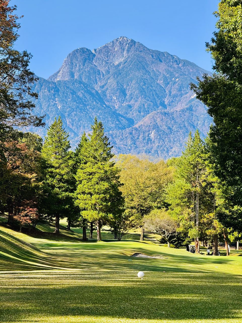 A tree-lined golf course with a mountain rising against a clear blue sky at Kaikoma Country Club